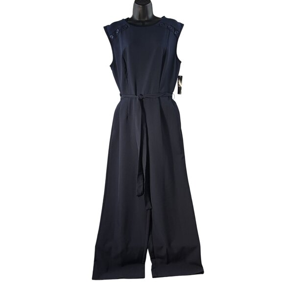Sleeveless Navy Blue Wide-Leg Jumpsuit With Button Details & Belted Waist - Picture 1 of 8